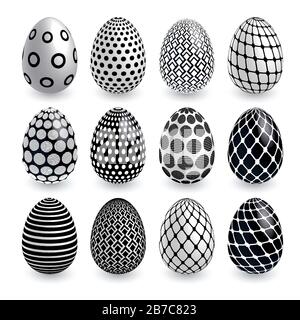 Black white Easter eggs wtth geometry patterns on white background. Vector set for holiday Easter card Stock Vector