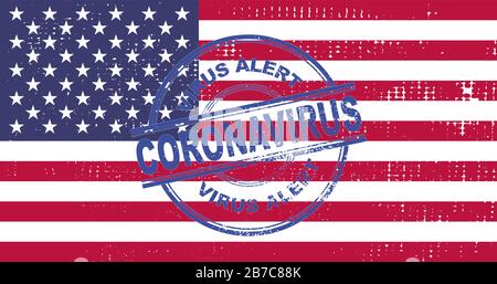 Coronavirus alert stamp. Covic-19 alert in United States. Vector illustration with USA flag background. EPS 10 Stock Vector