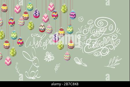 Happy easter template with color ribbon and eggs green background. Vector illustration. Design layout for invitation, card, menu, flyer, banner, poste Stock Vector