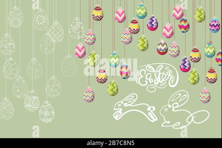 Happy easter template with color ribbon and eggs green background. Vector illustration. Design layout for invitation, card, menu, flyer, banner, poste Stock Vector