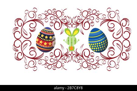 Easter background with traditional decorations. Easter greeting with colored eggs and bunny Stock Vector
