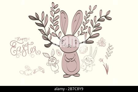 Easter background with traditional decorations. Easter greeting with colored bunny Stock Vector