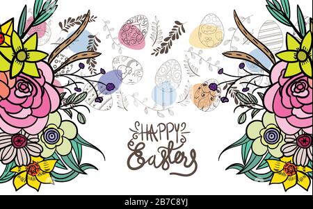 Easter background with traditional decorations. Easter greeting with colored eggs Stock Vector