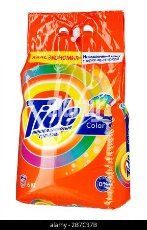 Ukraine, Kiev - February 20. 2020: Tide Washing Powder. Tide brand is a manufacturer of laundry detergent products. Field with Clipping Path. Stock Photo