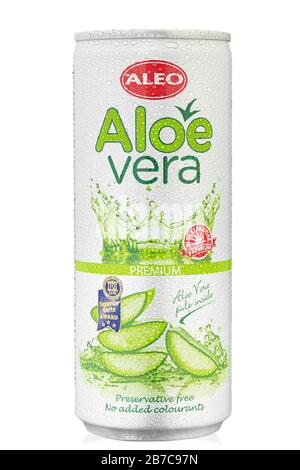 Ukraine, Kiev - February 27. 2020: Aluminium can Aloe Vera ALEO Premium drink contains a lot of Aloe Vera pulp, which contains many beneficial natural Stock Photo