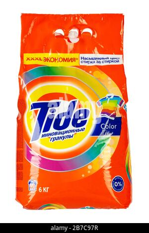 Ukraine, Kiev - February 20. 2020: Tide Washing Powder. Tide brand is a manufacturer of laundry detergent products. Field with Clipping Path. Stock Photo