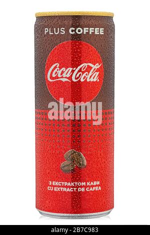 Ukraine, Kiev - February 24. 2020: Cans  330ml Coca cola plus coffee isolated on white background. Water drops. File contains clipping path. Stock Photo