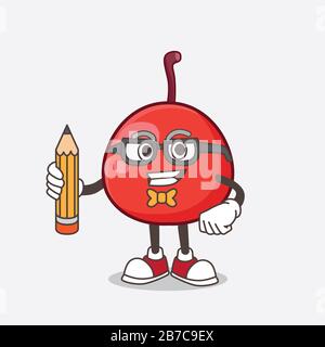 A picture of Red Berry cartoon mascot character holding pencil Stock Photo