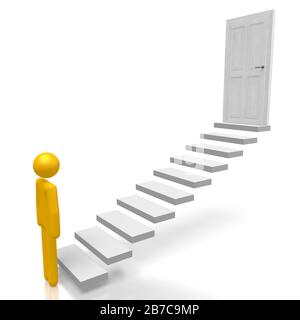 3D cartoon character, steps, door Stock Photo