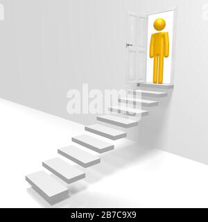 3D cartoon character, steps, door Stock Photo