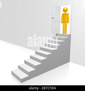 3D cartoon character, steps, door Stock Photo