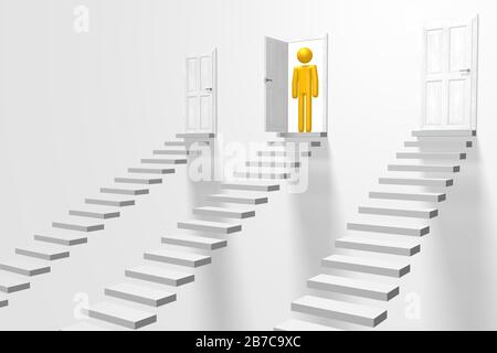 3D cartoon character, steps, doors Stock Photo