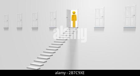 3D cartoon character, steps, doors Stock Photo