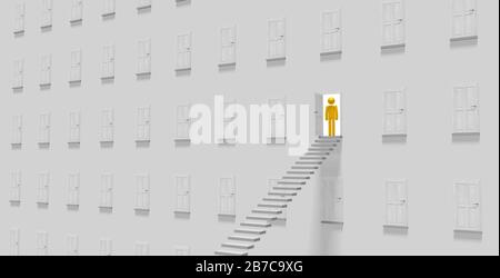 3D cartoon character, steps, doors Stock Photo