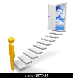 3D cartoon character, steps, door - future concept Stock Photo