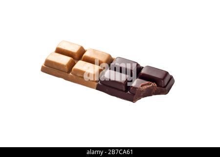 bitten chocolate bar Isolated on a white background. clipping path. Black and white chocolate. Stock Photo