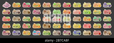 Vector set of Ice Cream labels, 54 cut out illustrations of variety fruit icecreams on black, group of various ice creams with fruits ingredients, man Stock Vector