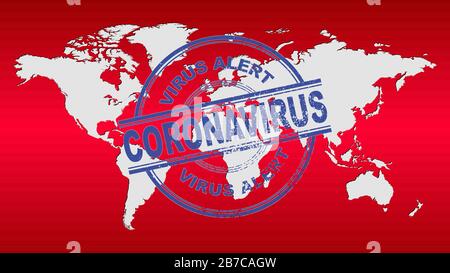 Vector world map with red gradient background and blue ink stamp coronavirus alert. Illustration for web design or infographics. Vector file in eps 10 Stock Vector