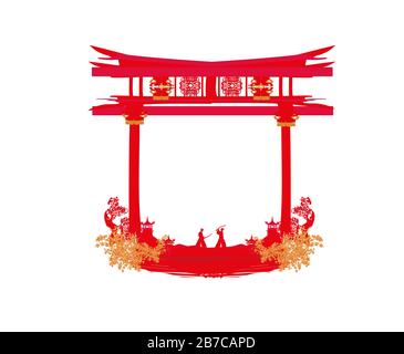 Japanese Samurai fighters silhouette on Asian landscape Stock Vector