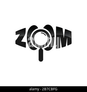 zoom logo word. perspective zoom word and magnifying glass symbol Stock Vector