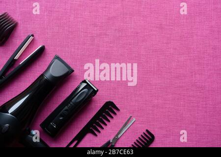 barber tools on pink background Stock Photo