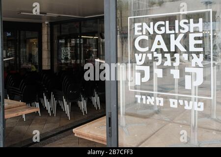 Jerusalem, Israel. 15th Mar, 2020. Restaurants and coffee shops closed as Israeli government imposes further restrictions in light of the COVID-19 outbreak closing all places of leisure, culture and entertainment nationwide for at least 5 weeks, forbidding assembly of more than 10 and instructing social distancing of 2 meters. During the night Netanyahu's Justice Minister announces the judicial system under a ‘state of extraordinary emergency', effectively postponing the beginning of Netanyahu's criminal proceedings by two months. Credit: Nir Alon/Alamy Live News Stock Photo