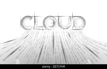 Cloud lettering 3D white geometric inscription. Digital computing online storage technology concept. Polygonal future global data information exchange Stock Vector