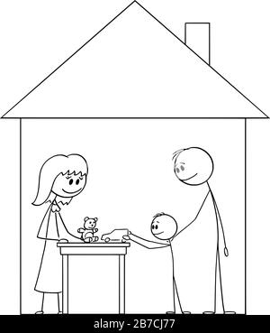 Vector cartoon stick figure drawing conceptual illustration of happy family of mother, father and child living inside family house. Stock Vector