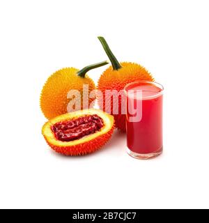 Baby Jackfruit, Gac fruit with baby jackfruit juice isolated on white background. Drink and healthy concept. Stock Photo