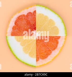 Four quarters of grapefruit and sweety on various colored backgrounds arranged Stock Photo