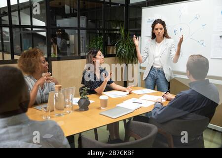 Businesswoman team leader explaining strategy, making flip chart presentation Stock Photo