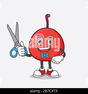 A picture of Red Berry cartoon mascot character as smiling barber with scissors on hand Stock Photo