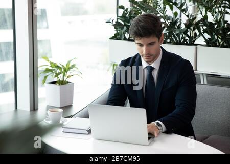 Male employee sit at desk working on laptop Stock Photo