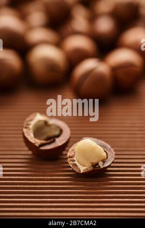 fresh macadam nut close-up on a brown background Stock Photo