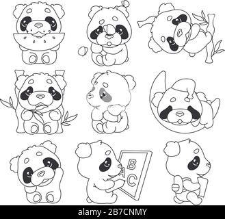 Cute panda kawaii linear characters pack. Adorable, happy and funny animal eating watermelon, bamboo isolated stickers, patches set. Anime baby panda Stock Vector