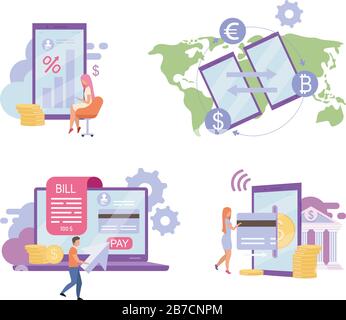 Online banking flat vector illustrations set. Deposit high interest rate concept. Billing system, credit card money transfer, e payments app cartoon Stock Vector
