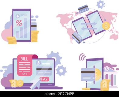 Online banking flat vector illustrations set. Deposit high interest rate concept. Billing system, credit card money transfer, e payments app cartoon Stock Vector