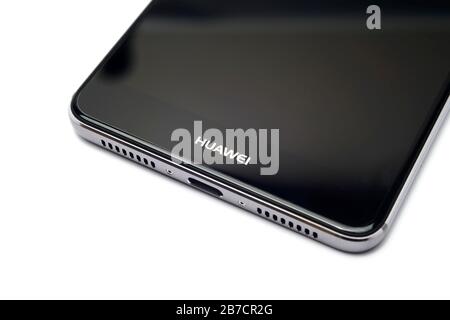 Huawei Mate 9 smartphone cut out isolated on white background Stock Photo