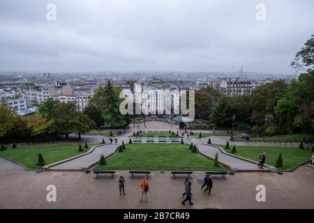 Square Louise-Michel with the Paris skyline viewed from the Sacre Coeur basilica in Montmartre, Paris, France, Europe Stock Photo