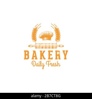 chef hat, rolling pin, wheat. vintage bakery logo Ideas. Inspiration logo design. Template Vector Illustration. Isolated On White Background Stock Vector