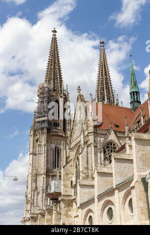 The spires of St Peter Cathedral, (Dom St Peter) in Regensburg, Bavaria, Germany. Stock Photo