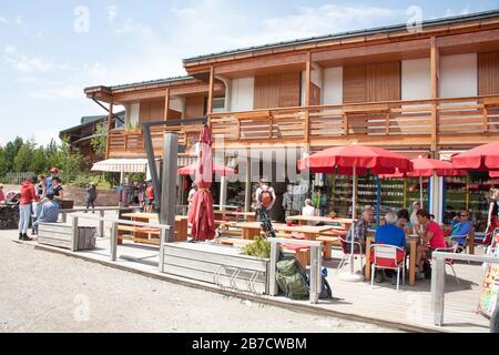 Cafes restaurants shops the village of Kompatsch the Alpe di Siusi above the Val Gardena Dolomites South Tyrol Italy Stock Photo