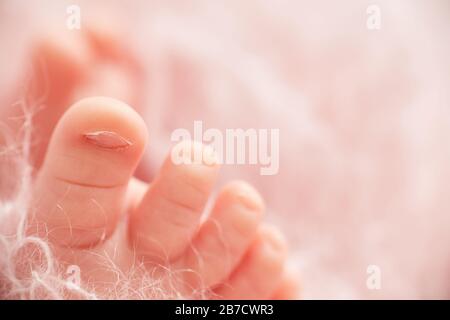 Super Closeup of baby feet. Copyspace. Greeting card or invitation to a baby shower. Stock Photo