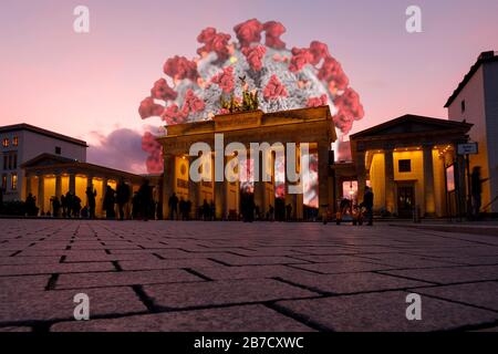 Berlin, Germany. 05th Mar, 2020. Corona virus at the Brandenburg Gate in the government district (using a CDC corona graphic released under Public Domain). Credit: Geisler-Fotopress GmbH/Alamy Live News