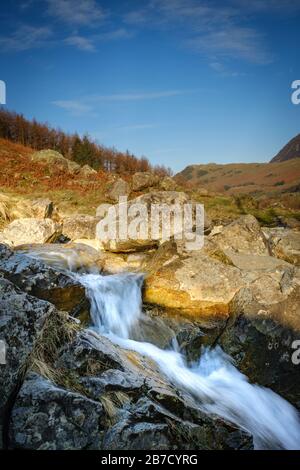 Comb Beck Waterfalls at Buttermere in the Lake District, Cumbria. Stock Photo