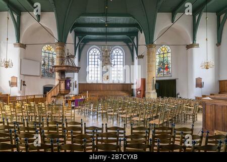 Dutch Reformed Church of Coevorden, interior with pulpit, first new built Dutch Reformed church in the Netherlands Stock Photo