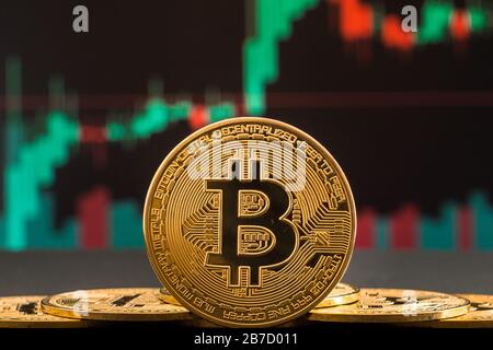 Bitcoin cryptocurrency gold coin. Trading on the cryptocurrency exchange. Trends in bitcoin exchange rates. Rise and fall charts of bitcoin. Stock Photo