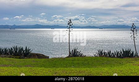 Tarifa, Cadiz Province, Andalusia, Spain.  View from Tarifa across Strait of Gibraltar to Morocco.  View from Europe to Africa. Shipping in Straits. Stock Photo