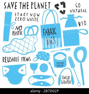 Collection of Zero Waste reusable items. Eco fabric grocery bags, natural toothbrush and brushes, menstrual cup, reusable hygiene items. Hand drawn ca Stock Vector