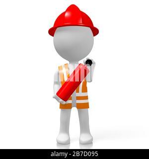 3D fireman holding fire extinguisher, white background Stock Photo